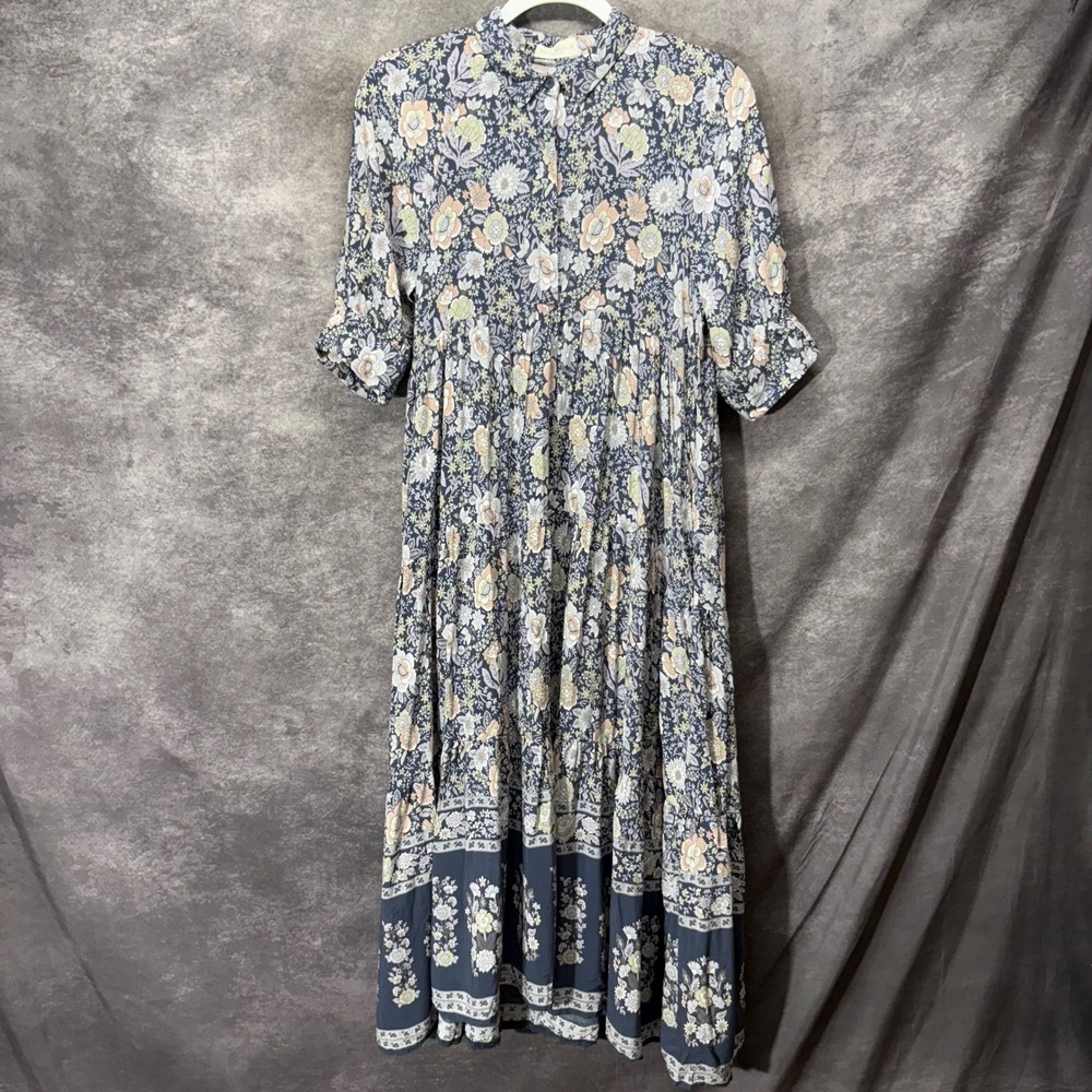 Natural Life Rebecca Midi Dress Size M Navy Gray Floral Tiered Cottagecore